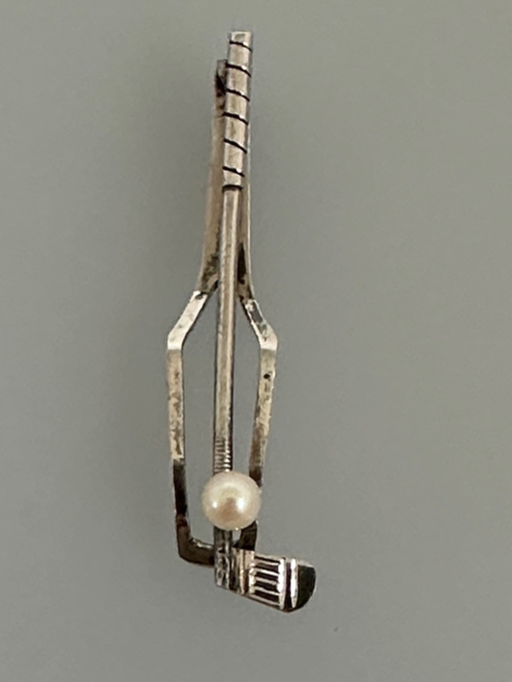 Sterling Silver Golf Club Tie Clip with real  Pearl Accent